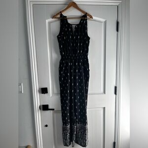 Black Jumpsuit Romper with White Boho Print and pockets